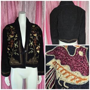 Anu By Natural Cotton Black Embroidered Flowers Cropped Jacket Size Medium